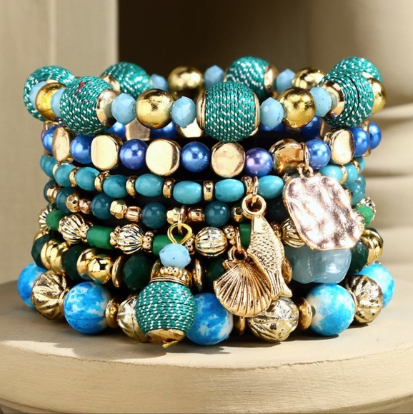 Glamorous Gold & Aqua Multi Textured Layered Beaded Bracelet Set w Golden Charms - Picture 2 of 3